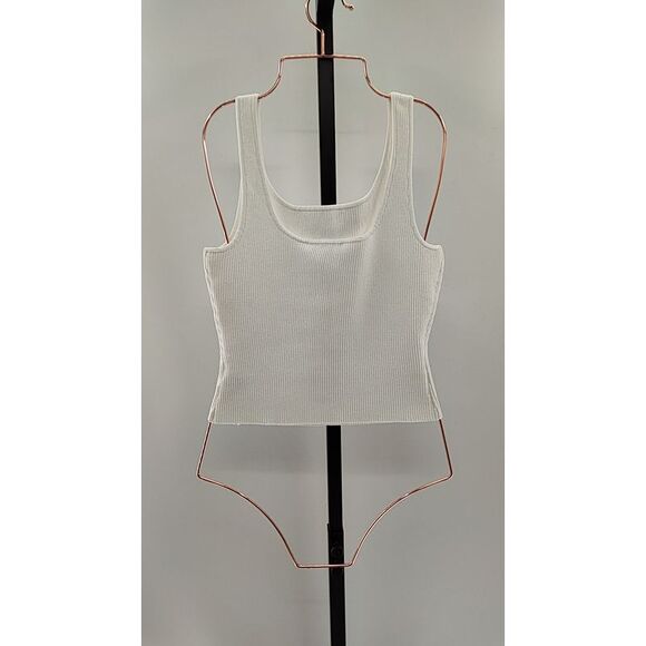 Quince Women Cropped Square Neck Ribbed Knit Tank White Sleeved Top M - Picture 3 of 3